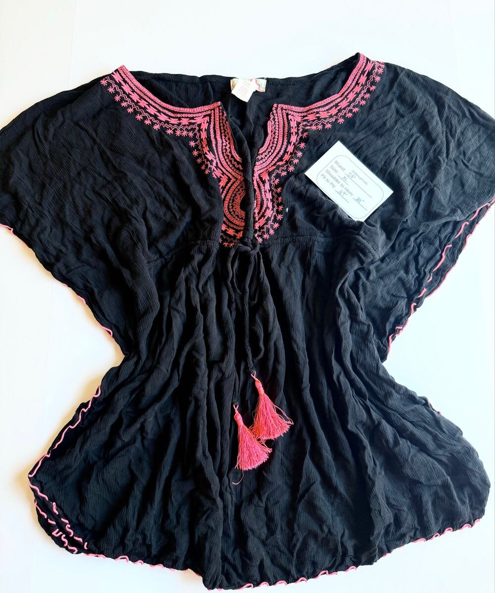 OP Ocean Pacific Black Kaftan Cover-Up XL Tassel Tie Boho Beach Rayon